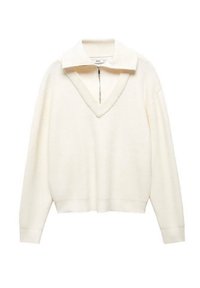 Pull en maille couleur crème à manches longues, col en V profond et col court zippé, posé à plat sur un fond blanc.