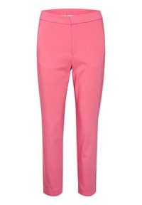 Růžové kalhoty slim fit s hladkou texturou, páskem a dvěma předními kapsami. Design je minimalistický, bez viditelného kování.