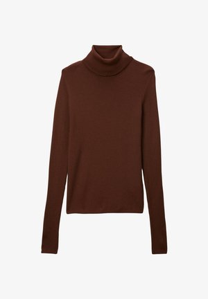 Pull à col roulé marron en tissu tricoté côtelé. Il présente des manches longues et un col montant, offrant une silhouette ajustée.