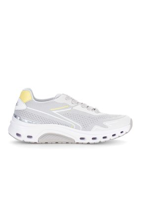 Light gray and white athletic shoe with yellow accents, breathable mesh upper, cushioned sole, and lace-up design, shown from side view.