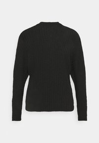 Czarny sweter o prążkowanej strukturze z długimi rękawami i szerokim dekoltem, prezentujący teksturowany materiał z pionowymi liniami oraz luźnym krojem.