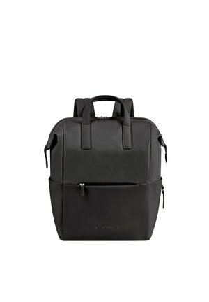 Black rectangular backpack with dual top handles, padded shoulder straps, front zipper pocket, and side zipper detail, designed for everyday use.