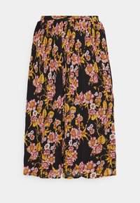 Blommig plisserad kjol i svart tyg, med rosa och gula blommor samt gröna blad. Elastisk midja, medellång design.