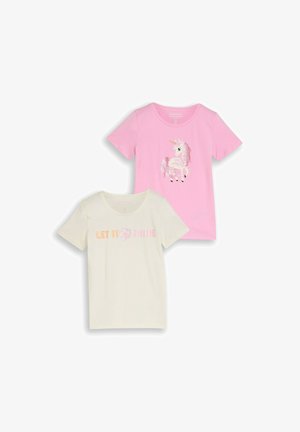 Dwie krótkie rękawki dla dzieci: jedna różowa z błyszczącym jednorożcem, druga kremowa z napisem "LET IT SHINE" i grafiką kwiatu.