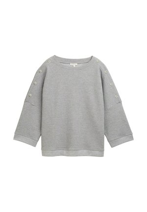 Sweat-shirt gris texturé avec un col côtelé et des manches trois-quarts, orné de boutons sur l'épaule et offrant une coupe décontractée.