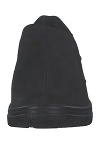 Schwarze Wildleder-Stiefeletten mit glatter Oberfläche, abgerundeter Spitze, genähten Details und einer strukturierten Gummisohle. Mit seitlichem Reißverschluss für ein einfaches An- und Ausziehen.