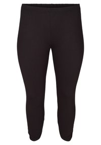 Leggings noirs en matériau extensible, dotés d'une taille élastique et d'un design ajusté, avec une texture lisse et sans embellissement.