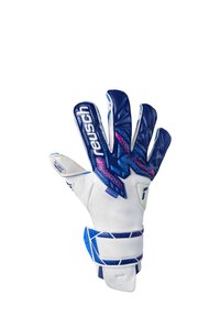 Reusch målvaktsvante med vit kropp, blå och rosa accentmönster, texturerade fingertoppar och säker fastsättning av handledsrem.