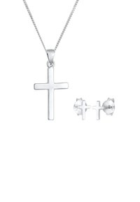 Sølv smykkesæt med et kors vedhæng på en kæde og matchende studs øreringe, alle med en poleret finish og enkelt design.
