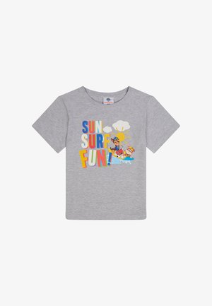 T-shirt grigia in cotone a maniche corte con una grafica colorata "SUN SURF FUN!" e personaggi dei cartoni animati in una scena di spiaggia.