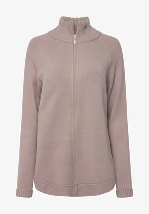 Sudadera con cremallera en un suave color malva claro. Presenta cuello y puños acanalados, hombros sin costuras y un patrón de punto texturizado en toda la prenda.