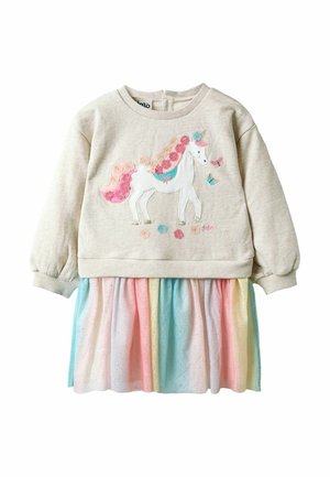 Abito felpa caratterizzato da una parte superiore beige con un design colorato di unicorno e una gonna plissettata in tulle multicolore con glitter.