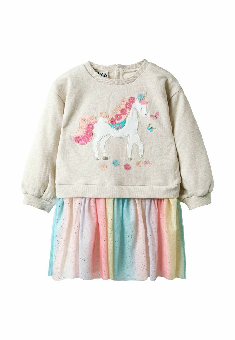 Hame dressi, jossa on beige yläosa, jossa on värikäs yksisarvinen design, ja laskostettu, monivärinen tyllihame, jossa on kimalteita.