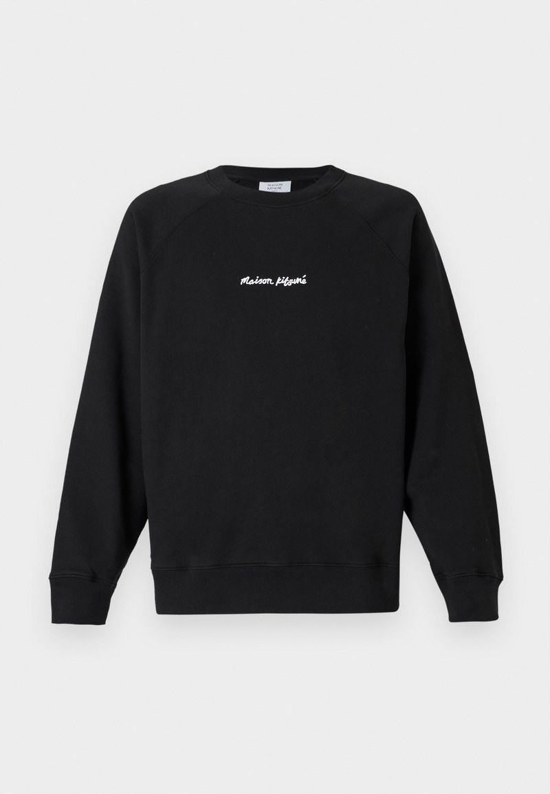 Černá mikina s raglánovými rukávy, žebrovanými manžetami a lemem. Na hrudi má bíle vyšitý nápis "Maison Kitsuné".