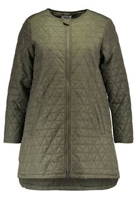 Quilted jacket in olive green, featuring a zip front, long sleeves, side pockets, and a round neckline with a smooth texture.