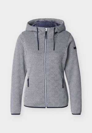 Naisten hupullinen takki, jossa on täysi vetoketju, geometrinen mustavalkoinen kuvio, säädettävä hupun nyöri ja vetoketjulliset sivutaskut.