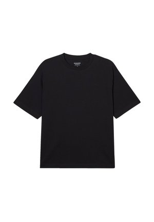 Zwarte T-shirt met korte mouwen van katoen, met een ronde hals en een rechte pasvorm. Eenvoudig ontwerp zonder patronen of accenten.
