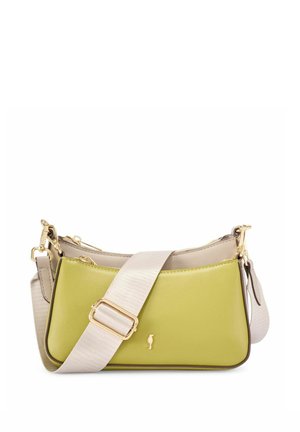 Mała prostokątna torebka na ramię w kolorze zielonym i beżowym, z złotymi elementami i regulowanym beżowym paskiem na ramię z tkaniny.