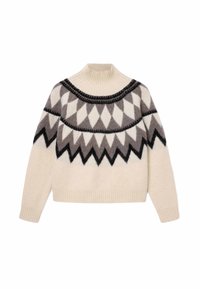 Ζεστό πλεκτό πουλόβερ σε κρεμ απόχρωση με γεωμετρικό μοτίβο σε γκρι και μαύρο, διαθέτοντας ψηλό λαιμό και ριμπ μανσέτες και τελείωμα.