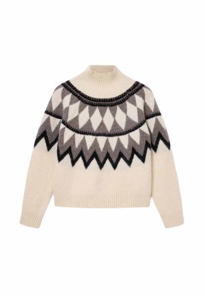 Ciepły sweter z dzianiny w kolorze kremowym, ozdobiony geometrycznym wzorem w odcieniach szarości i czerni, z wysokim kołnierzem oraz prążkowanymi mankietami i dolnym brzegiem.