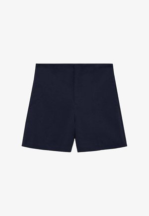 Pantaloni corti blu navy con un design sartoriale, davanti piatto e cuciture laterali. Realizzati in tessuto liscio, con una finitura pulita.