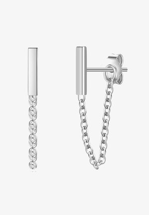 Sudraba metāla auskari ar taisnstūra formas stieni, kas izstrādāts ar savienotu ķēdes dizainu, gludu tekstūru un drošu fiksāciju.