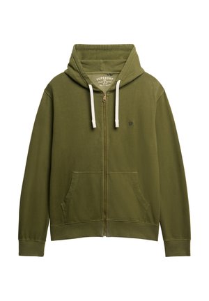 Olivgrüner Zip-Hoodie mit einer Kapuze mit Kordelzug, Fronttaschen und einem kleinen Logo auf der Brust. Aus weichem Stoff mit glatter Textur gefertigt.