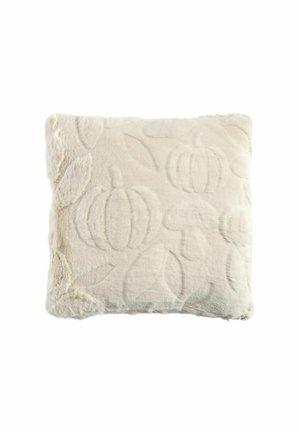 Soft beige square pillow with raised autumn motifs including pumpkins, mushrooms, and leaves on a plain white background.