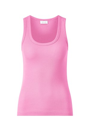 Geribbelde roze mouwloze tanktop met een ronde halslijn, gemaakt van rekbare stof. Heeft een aansluitende snit en een gladde textuur.