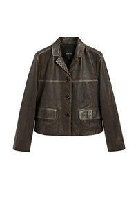 Giacca in pelle marrone scuro con colletto a revers, tre bottoni neri frontali e due tasche con patta, presentata su uno sfondo bianco.