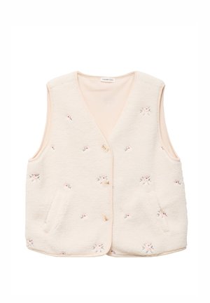 Cremefarvet ærmeløs fleecevest med lille lyserød blomsterbroderi, knapper foran og sidelommer, blødt tekstureret stof.