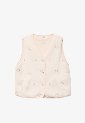 Cremefarvet ærmeløs fleecevest med lille lyserød blomsterbroderi, knapper foran og sidelommer, blødt tekstureret stof.