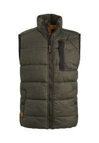  gepolsterte olivgrüne Weste mit hohem Kragen, Frontreißverschluss, Seitentaschen und Markenpatch. Verfügt über ein gestepptes Muster und Kontraststoffelemente.