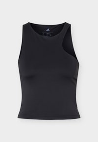 Top court de sport noir ajusté sans manches avec un col montant et le logo Adidas à l'intérieur du col et sur l'ourlet inférieur gauche.