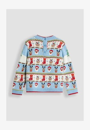 Modrá pletená mikina s veselými vzormi sobov, Santa Clausa a ponožiek. Obsahuje rebrovaný lem a tri modré gombíky na chrbte.