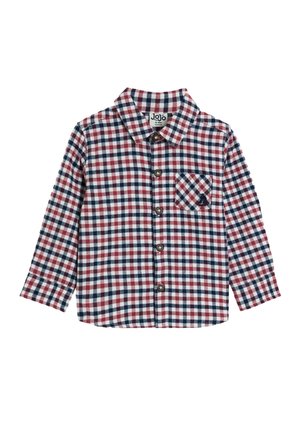 Rot, marineblau und weiße karierte Hemd mit Button-Down-Kragen, langen Ärmeln und einer Brusttasche. Weicher Stoff mit kariertem Muster.