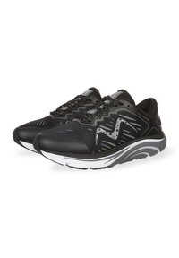 Czarne buty sportowe z teksturowaną siateczką na cholewce, odblaskowymi detalami i amortyzującą białą podeszwą. Posiadają falisty wzór oraz sznurowane zapięcie.