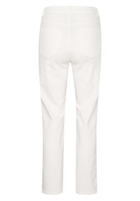 Jeans de denim rectos blancos con una cintura de altura media. Las características incluyen dos bolsillos traseros y una textura lisa y uniforme.