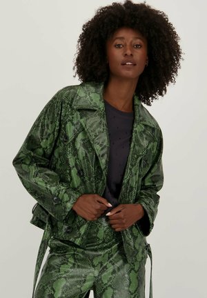 Veste en imprimé serpent vert avec un design croisé, grands revers et fermetures à boutons, associée à un pantalon à motif assorti.