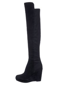 Botas de cuña negras por encima de la rodilla, en suave ante, con puntera redondeada y un upper sin costuras con un acabado texturizado.