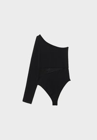 Bodysuit noir avec un design dégageant une épaule, une manche longue d'un côté, un panneau transparent au niveau du torse, et une coupe haute au niveau des jambes.