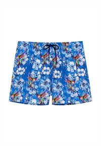 Pantaloni da bagno florali blu con un vivace motivo tropicale, fiori bianchi e accenti colorati, vita elastica con cordino.