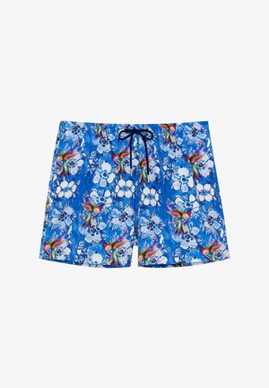 Blaue florale Badehose mit einem lebhaften tropischen Druck, weißen Blumen und bunten Akzenten, elastischem Bund mit Kordelzug.