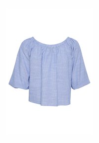 Blauw-witte gestreepte cropped blouse met korte, brede mouwen, elastische halslijn en zachte katoen. Lichtgewicht met een relaxte pasvorm.