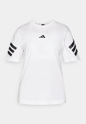 Fehér pamut póló, fekete háromcsíkos dizájnnal az ujjain és egy kis fekete Adidas logóval a mellkason. Kerek nyakkivágás.