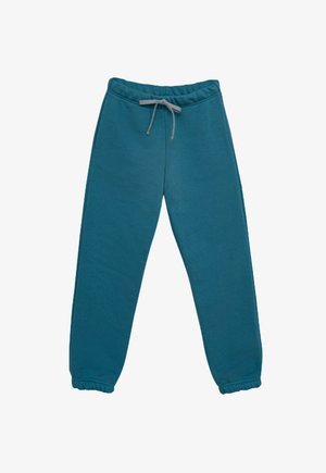 Spodnie dresowe w kolorze morskim z elastycznym pasem, regulowanym sznurkiem w kolorze szarym, bocznymi kieszeniami oraz elastycznymi mankietami przy kostkach.