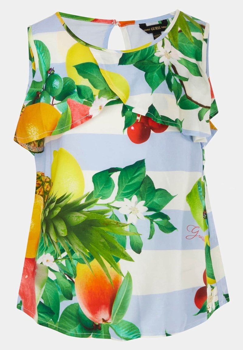 Débardeur floral avec des motifs de fruits colorés, fond bleu clair, détails de volants aux épaules et ouverture en forme de clé au dos.