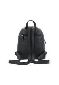 Sac à dos en cuir noir de forme arrondie, doté d'une fermeture éclair centrale, de bretelles réglables et d'une surface texturée. Deux poches arrière visibles.