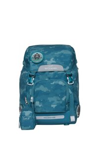 Sac à dos à motif camouflage teal avec un rabat supérieur, une poche frontale et un mini sac détachable. Dispose de fermetures éclair et de détails de marque.