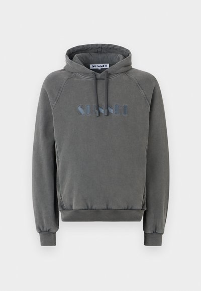 Sweatshirt cu glugă gri, cu un croi lejer. Are o glugă cu șnur, manșete ribbate și un logo brodat în albastru pe față.